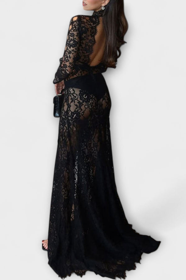 Azalea - Midnight Elegance Transparentní Výřez Dlouhý Rukáv Stretch Maxi Šaty