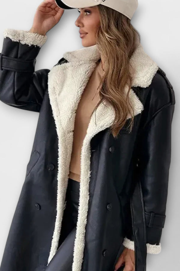 Maria – Dlouhá klasická bunda s fleecovou podšívkou a límcem z teddy materiálu