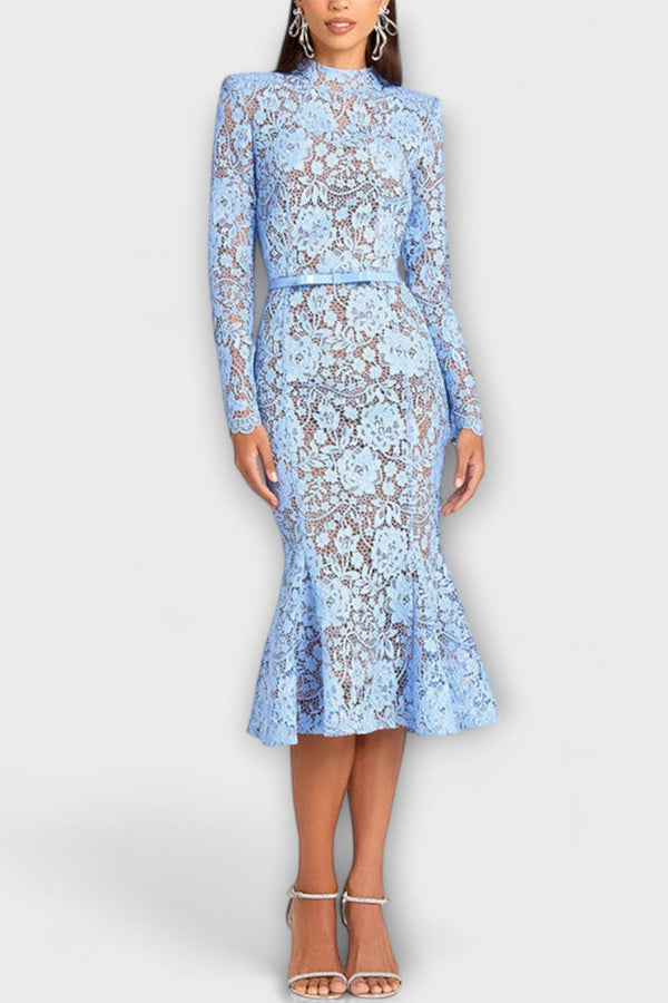 Freya - Elegantní Midi Šaty z Květnaté Krajky
