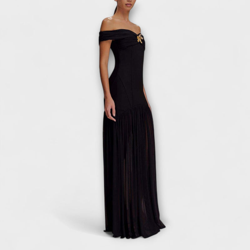 Maelie - Elegantní bezramínková bodycon maxi šaty s květinovými ozdobami