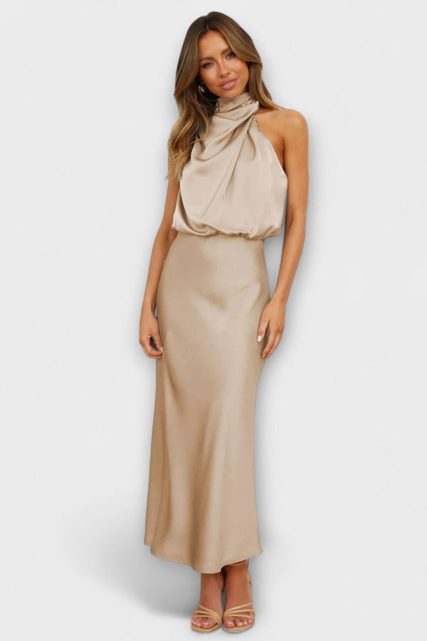 Elegantní maxi šaty s halter výstřihem v letní žluté