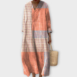 Nora - Patchwork Midi Coat with Coral and Star Patterns