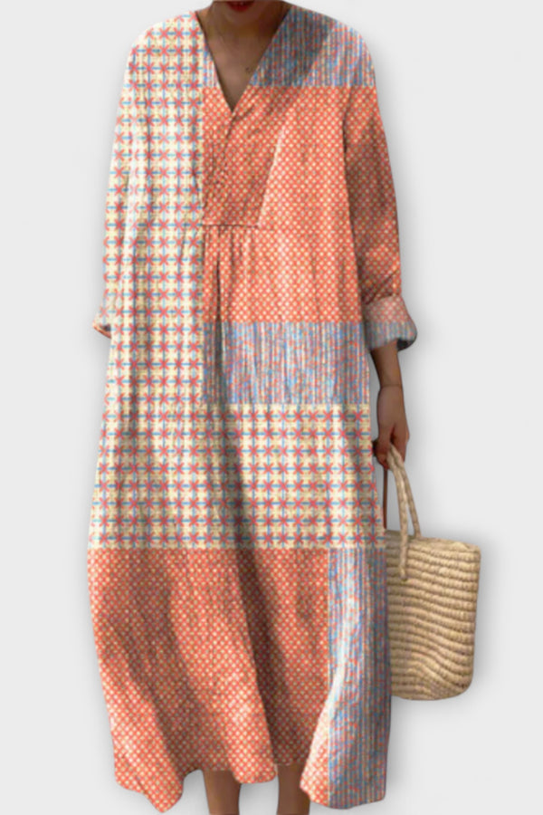Nora - Patchwork Midi Coat with Coral and Star Patterns