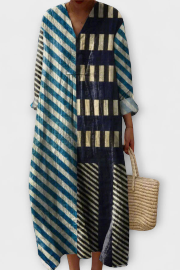 Martha - Moderní pruhované midi šaty s patchwork designem