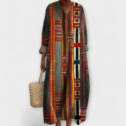 Marianne – boho maxi šaty s geometrickým pruhovaným vzorem
