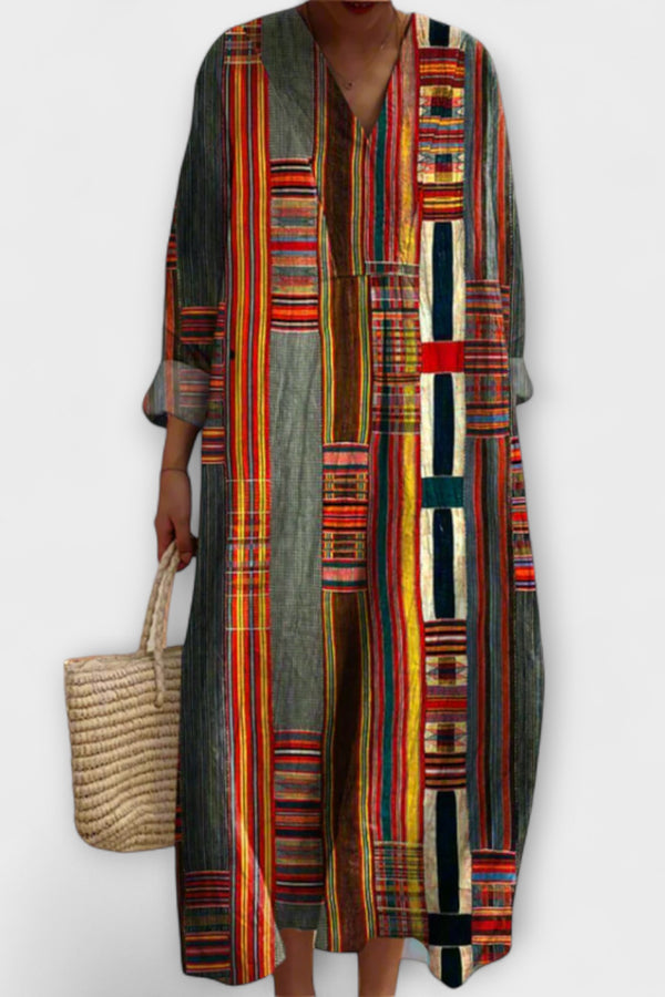 Marianne – boho maxi šaty s geometrickým pruhovaným vzorem