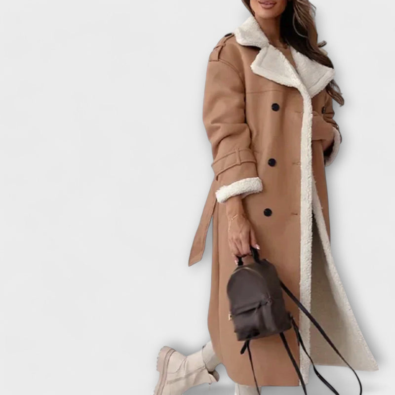 Maria – Dlouhá klasická bunda s fleecovou podšívkou a límcem z teddy materiálu