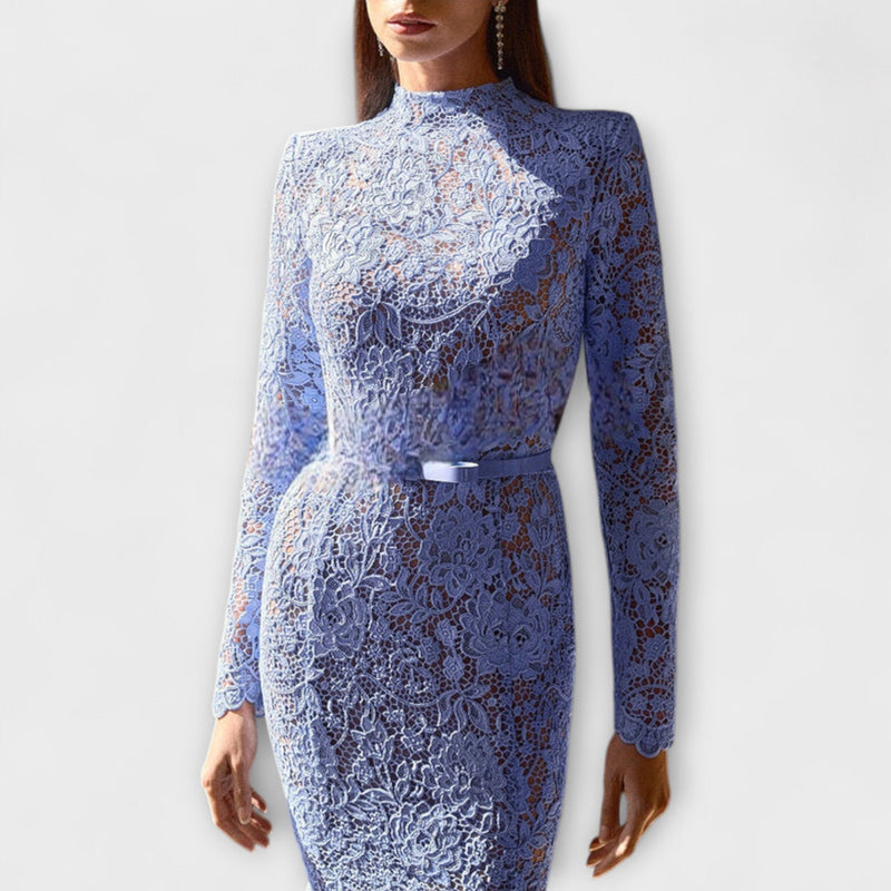 Freya - Elegantní Midi Šaty z Květnaté Krajky